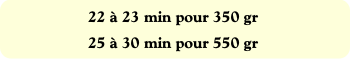 22 à 23 min pour 350 gr
25 à 30 min pour 550 gr