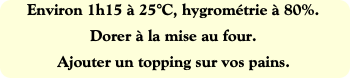 Environ 1h15 à 25°C, hygrométrie à 80%.
Dorer à la