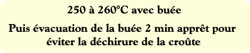 250 à 260°C avec buée
Puis évacuation de la buée 2