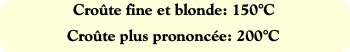 Croûte fine et blonde: 150°C
Croûte plus prononcée