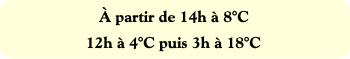 À partir de 14h à 8°C
12h à 4°C puis 3h à 18°C