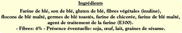 Ingrédients
Farine de blé, son de blé, gluten de b